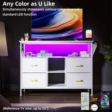 YILQQPER LED TV Stand with Power Outlet for Living Room, TV Media Console for TVs 50 Inch, Modern Dresser TV Stand with 4 Fabric Drawers & Shelves, Media Entertainment Center for Bedroom, White YILQQPER