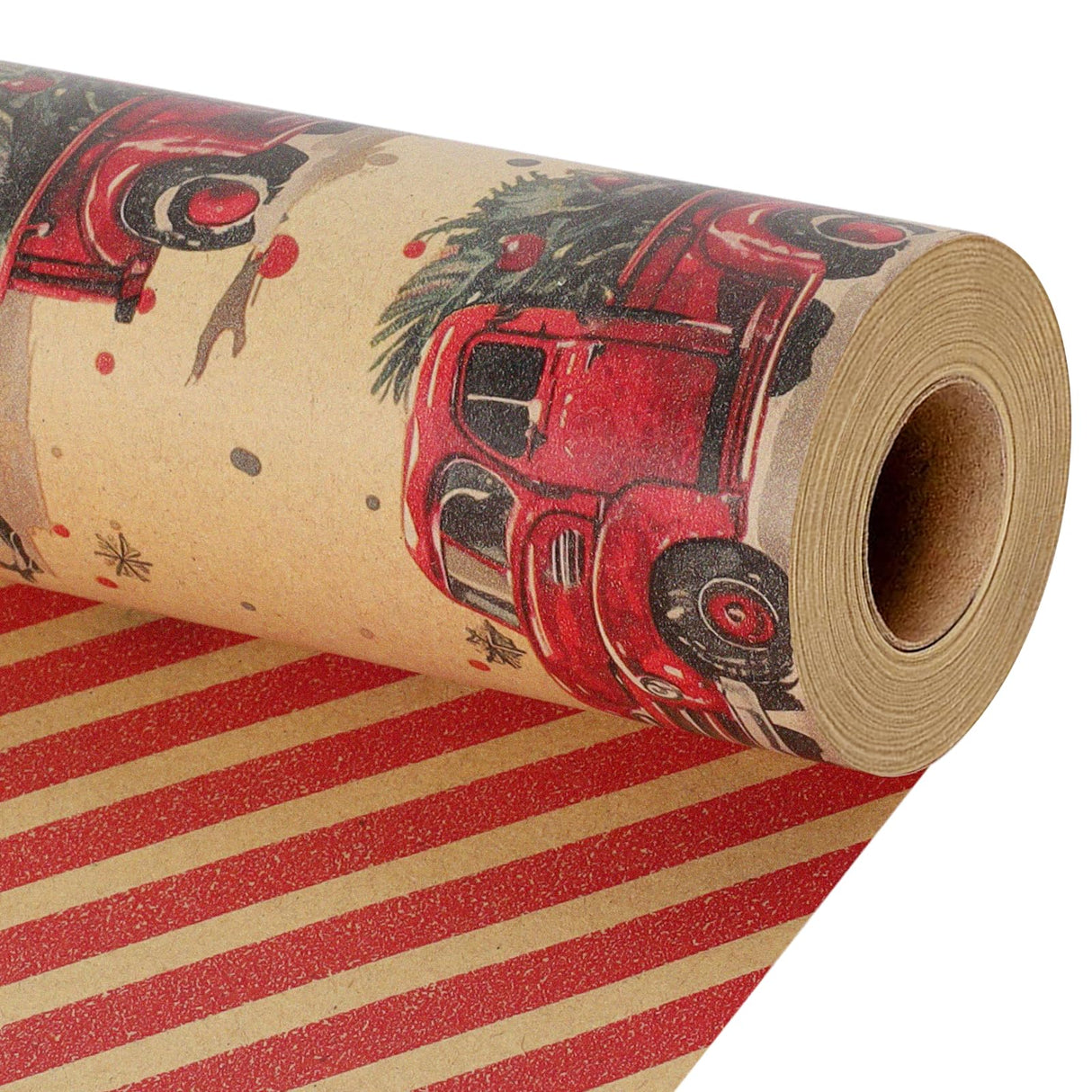 BIOBROWN Reversible Kraft Christmas Wrapping Paper - 17 Inch X 33 Feet (46.7 sq. ft. ttl.) - Vintage Trucks Design Perfect for Xmas, Party, Holiday Gift Wrap BIOBROWN