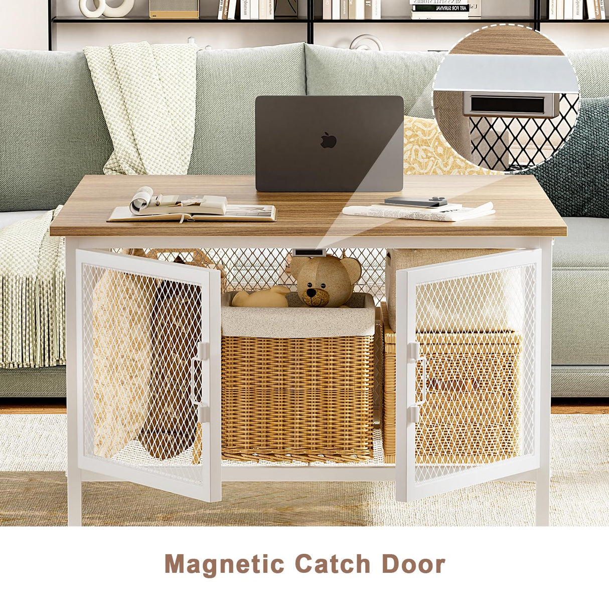 FABATO Flip Top Coffee Table, Square Coffee Tables Metal Wood, Farmhouse Lift Up Coffee Table Cocktail Table with Wire Mesh Barn Door and Storage, Steel Frame, Small Tea Table for Living Room, White FABATO