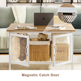 FABATO Flip Top Coffee Table, Square Coffee Tables Metal Wood, Farmhouse Lift Up Coffee Table Cocktail Table with Wire Mesh Barn Door and Storage, Steel Frame, Small Tea Table for Living Room, White FABATO