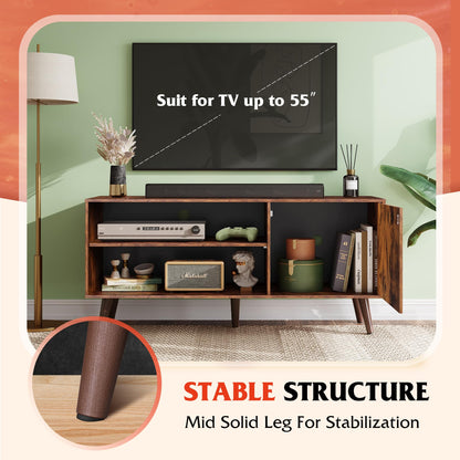 WLIVE Mid-Century Modern TV Stand for 55" TV, Entertainment Center with Storage, Open Shelves TV Console for Living Room and Bedroom, Retro Brown