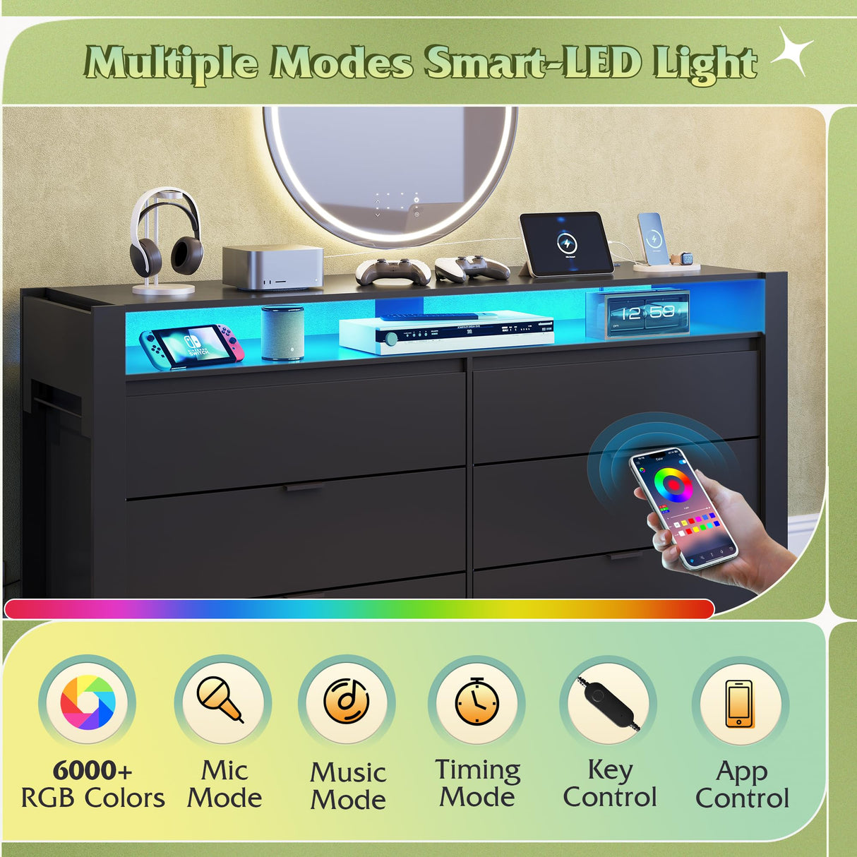 WLIVE 78 Inch Dresser for Bedroom, Large Chest of Drawers Expandable Black Wood Dresser from 5'3" to 6'5'' with Flexible Shelves and Hanging Rack, Led Dressers for Living Room (85'' TV) WLIVE