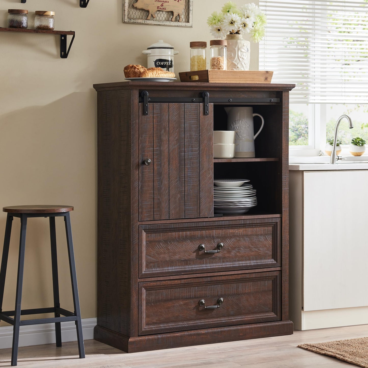 IFGET Farmhouse Buffet Cabinet with Storage, 47" Tall Storage Cabinet w/Sliding Barn Door, Rustic Sideboard Cabinet w/5 Drawers, Kitchen Pantry Storage Cabinet for Dinning Room, Hallway (Brow - WoodArtSupply