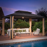 Greesum 10'x13' Hardtop Polycarbonate Gazebo, Outdoor Steel Double Roof Canopy, Aluminum Frame Permanent Pavilion with Netting and Curtains for Lawns, Patio, Backyard and Deck Greesum