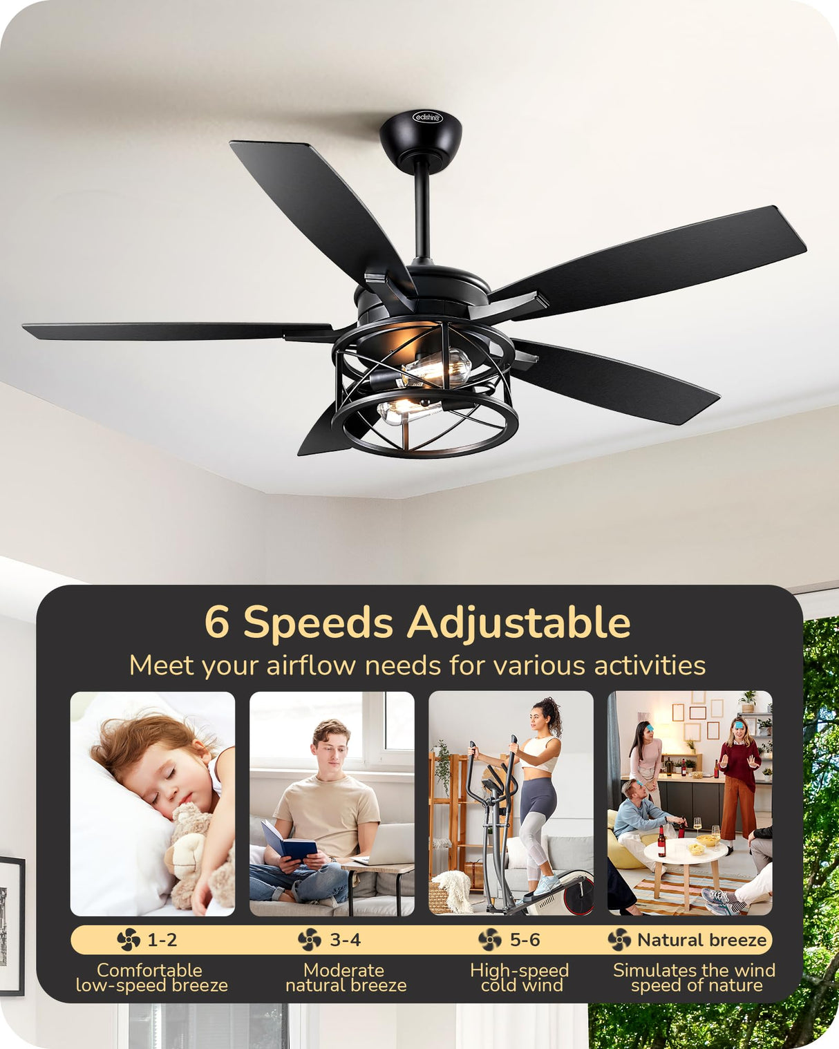 EDISHINE 52" Black Farmhouse Ceiling Fans With Lights, Remote Control, Reversible DC Motor, Dimmable, 5 Wooden Blades Rustic Indoor/Outdoor Ceiling Fan for Living Room Bedroom Porch EDISHINE