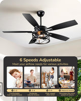 EDISHINE 52" Black Farmhouse Ceiling Fans With Lights, Remote Control, Reversible DC Motor, Dimmable, 5 Wooden Blades Rustic Indoor/Outdoor Ceiling Fan for Living Room Bedroom Porch EDISHINE