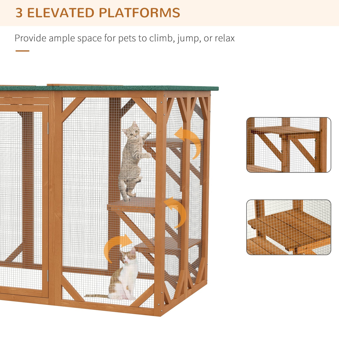 PawHut Outdoor Cat House, Catio Wooden Feral Cat Shelter, Cat Cage with Platforms, Large Enter Door, Weather Protection Asphalt Roof, 71" L, Orange - WoodArtSupply