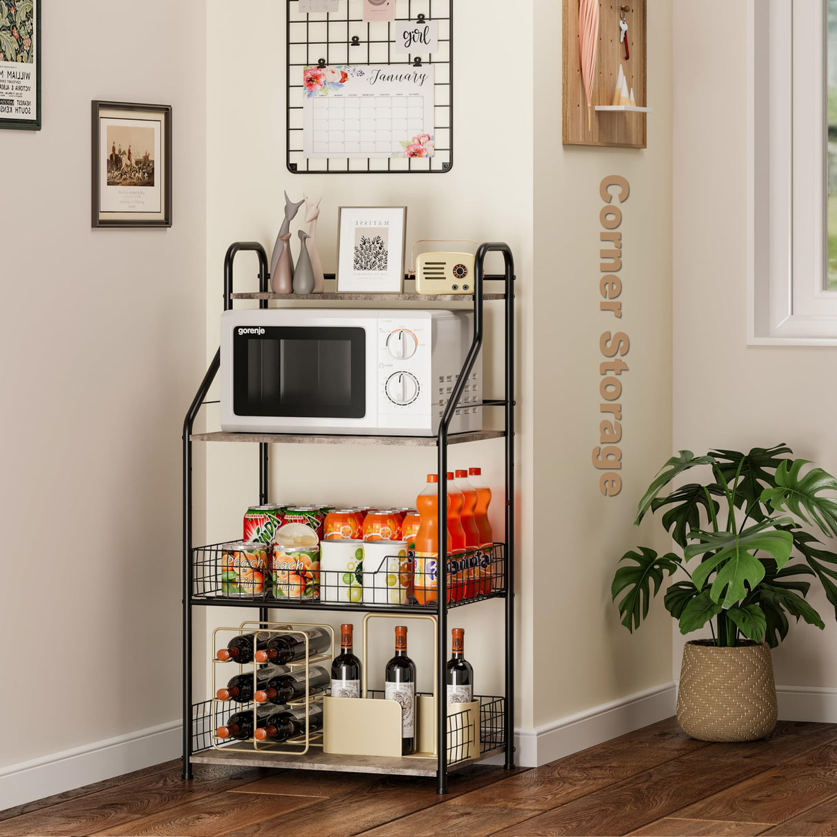 Microwave Stand with Storage 4-Tier, Bakers Racks for Kitchens, Coffee Cart Microwave Cart with Storage, Metal Bakers Rack with Storage, Coffee Cart with 5 S-Hooks Sonyabecca