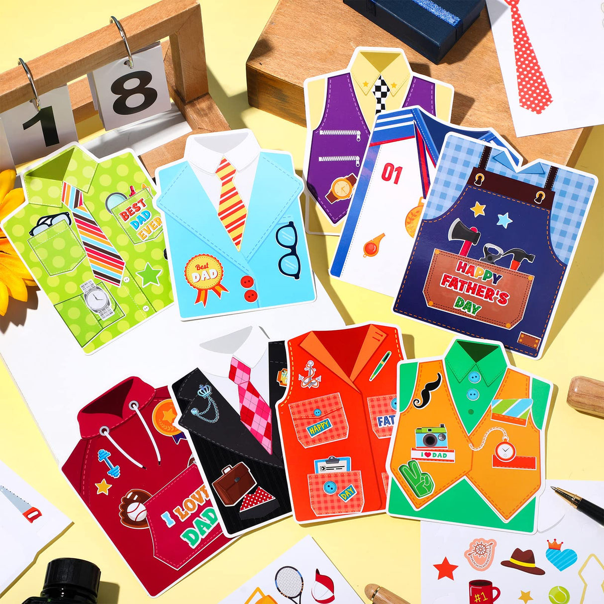 Colarr 45 Pcs Father's Day Card Making Kits Kids Father's Day DIY Crafts Cards DIY Father's Day Shirt Greeting Card with Stickers Handmade Card Making Crafting Kit for Father's Day Party Supplies Colarr
