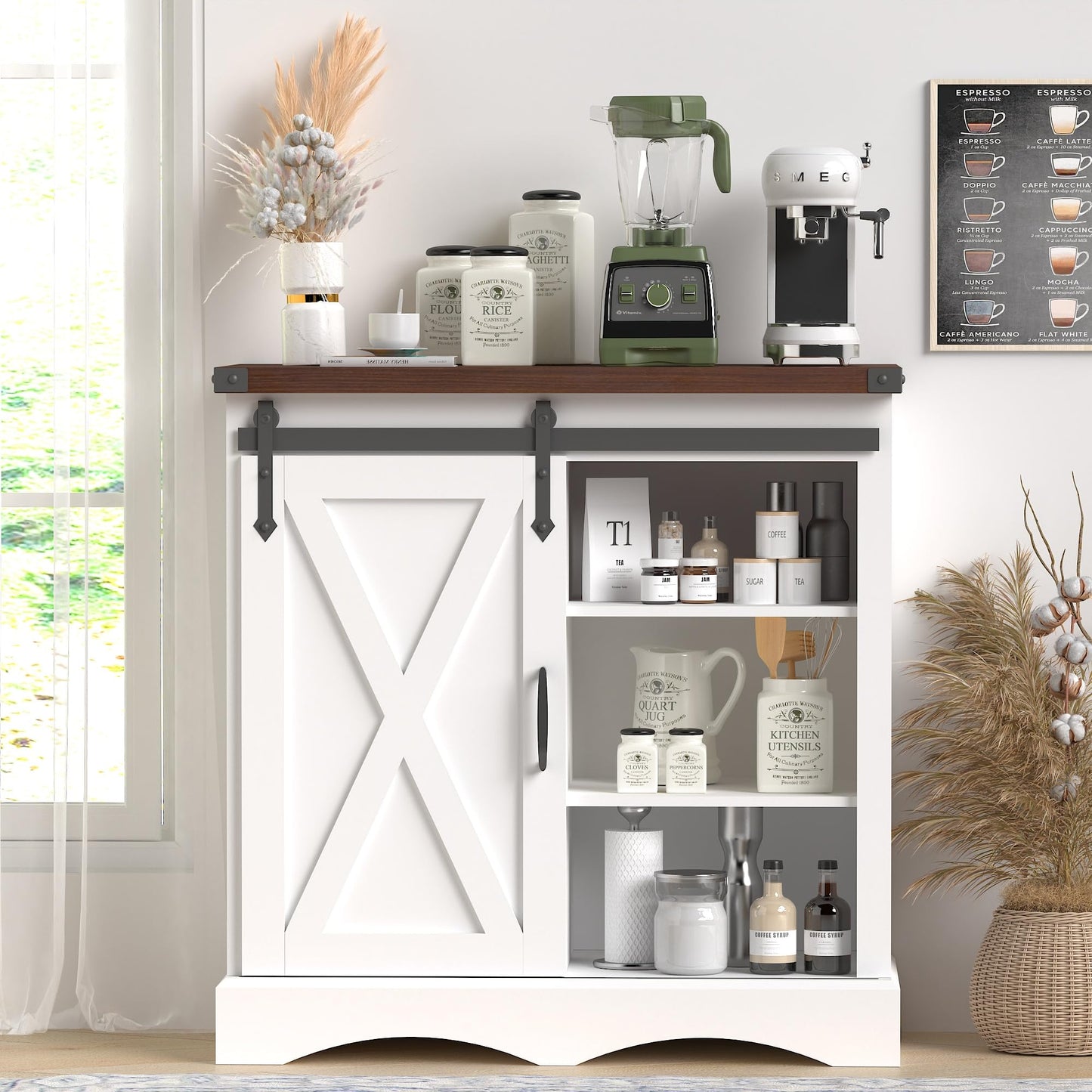 Hlivelood Farmhouse Coffee Bar Cabinet 32“, White Buffet Storage Cabinet with Sliding Barn Door, Kitchen Sideboard Cabinet with Adjustable Shelf for Dining Room Living Room Entryway, White &  - WoodArtSupply