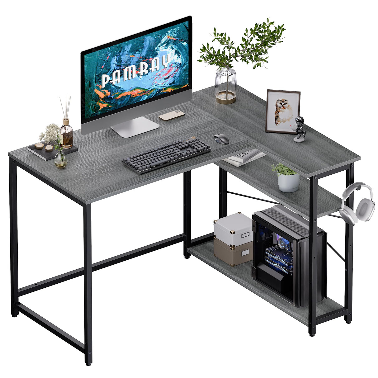 Pamray 43 Inch L Shaped Computer Desk with Reversible Side Storage Shelves, Small Corner Desk for Small Space Home Office,Writing Study Table PC Desk for Bedroom,Espresso Gray Pamray