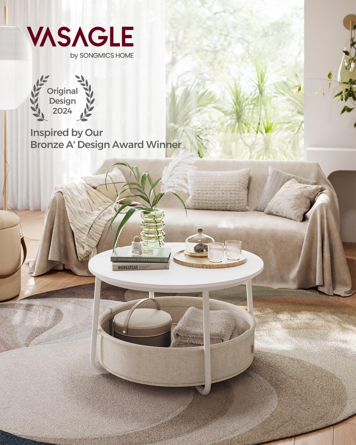 VASAGLE Coffee Table with Storage, Round Center Table for Living Room with Fabric Basket, Modern Style, Metal Frame, Matte White and Camel Brown ULCT244W10 VASAGLE