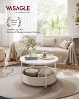 VASAGLE Coffee Table with Storage, Round Center Table for Living Room with Fabric Basket, Modern Style, Metal Frame, Matte White and Camel Brown ULCT244W10 VASAGLE