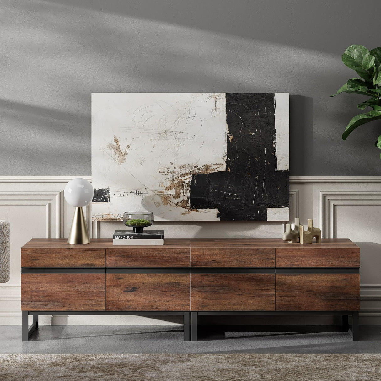 WAMPAT Modern TV Stand for TVs up to 110 inch, 4 in 1 Wood Entertainment Center TV Console Table with Adjustable Shelves and Metal Base for Living Room,Bedroom,Oak WAMPAT