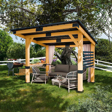 Yokayoay 10 x 12 Cedar Gazebo, Grill Hardtop Gazebo, Metal Roof gazebo with Curtain, Supports Snow Loads and Wind Speed, Rot Resistant, BBQ Gazebo for Backyard, Deck, Garden, Patio Yokayoay