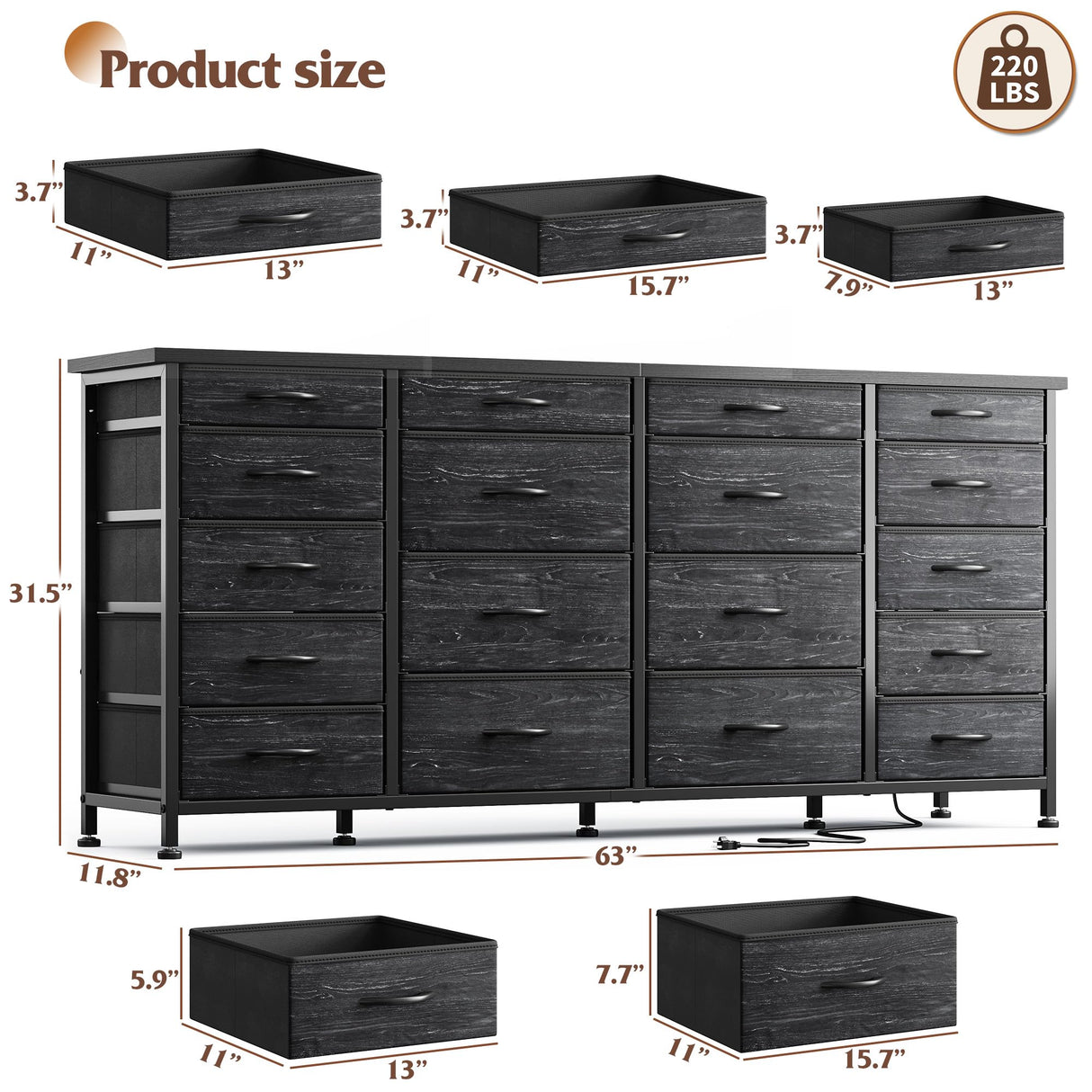EnHomee 63" W 18 Drawers Dresser with LED Lights & Power Outlets Long Dresser for 65" TV Stand for Bedroom Large Fabric Dressers & Chests of Drawers for Bedroom, Sturdy Metal Frame (Charcoal Black) EnHomee
