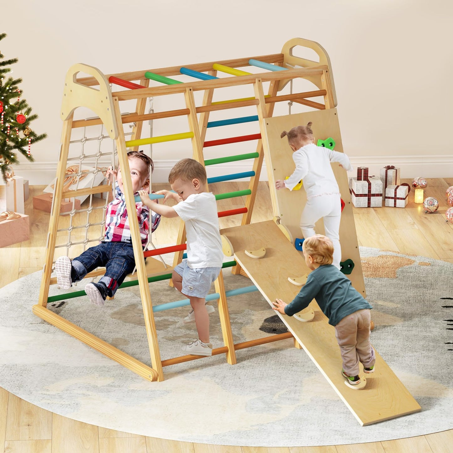 INFANS Indoor Jungle Gym, 8 in 1 Kids Montessori Indoor Playground Climbing Playset for Toddlers with Slide Swing Net Monkey Bars Rope Ladder, Wood Climber Toys for Boys Girls