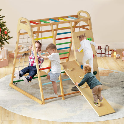 INFANS Indoor Jungle Gym, 8 in 1 Kids Montessori Indoor Playground Climbing Playset for Toddlers with Slide Swing Net Monkey Bars Rope Ladder, Wood Climber Toys for Boys Girls