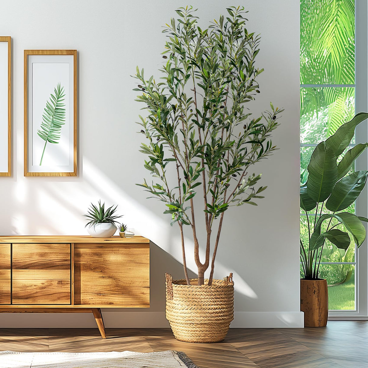 Erimda 7FT Artificial Olive Tree Tall Faux Silk Plant Tall Faux Olive Tree with Natural Wood Trunk & Lifelike Fruits Fake Potted Tree or Home Office Decor erimda