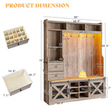 AMERLIFE 7-in-1 Farmhouse Hall Tree with Bench and Shoe Cabinet, LED Entryway Organizer with Drawers,12 Shoe Cubbies & Barn Doors, 7 Coat Racks with Shoe Storage, Rustic Gray AMERLIFE