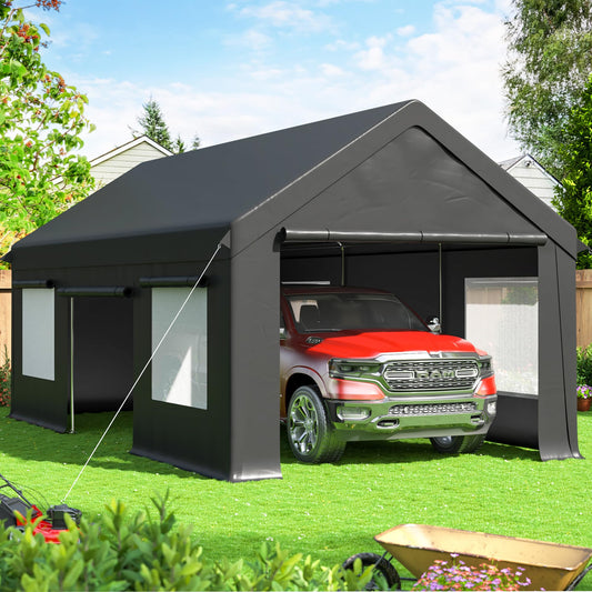 VIWAT Carport 12x20 FT Heavy Duty Carport Canopy with Enhanced Base & Side-Opening Door, Portable Garage for Pickup, Boats, Car and Truck, Black