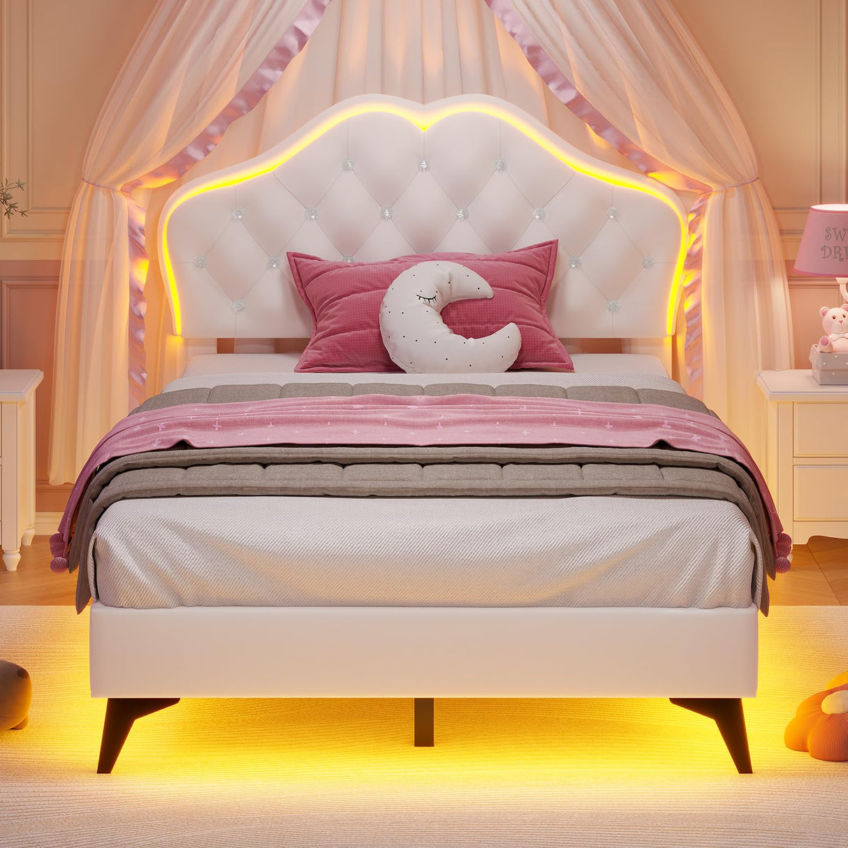 ADORNEVE Twin Bed Frame with RGB LED Lights, Princess Bed Frame with Adjustable Crystal Button Headboard, Velvet Upholstered Platform Bed for Girls, Solid Wooden Slats, Easy Assembly, Creamy White ADORNEVE