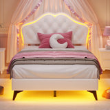 ADORNEVE Twin Bed Frame with RGB LED Lights, Princess Bed Frame with Adjustable Crystal Button Headboard, Velvet Upholstered Platform Bed for Girls, Solid Wooden Slats, Easy Assembly, Creamy White ADORNEVE