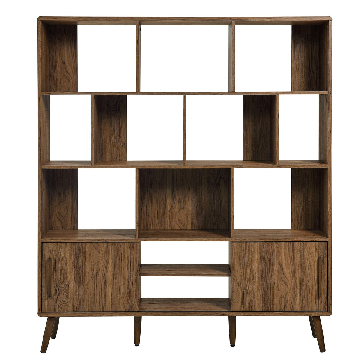Modway Transmit 14 Shelf Bookcase with Sliding Doors in Walnut - 59 Inch Wood Mid-Century Modern Bookshelf - 4 Tier Wide Open Display Storage Cabinet for Living Room, Office, Hallway Modway