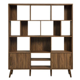 Modway Transmit 14 Shelf Bookcase with Sliding Doors in Walnut - 59 Inch Wood Mid-Century Modern Bookshelf - 4 Tier Wide Open Display Storage Cabinet for Living Room, Office, Hallway Modway