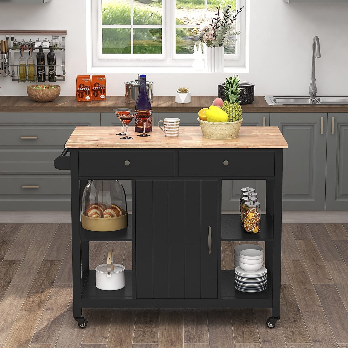 ChooChoo Kitchen Islands on Wheels with Wood Top, Utility Wood Movable Kitchen Cart with Storage and Drawers, Black