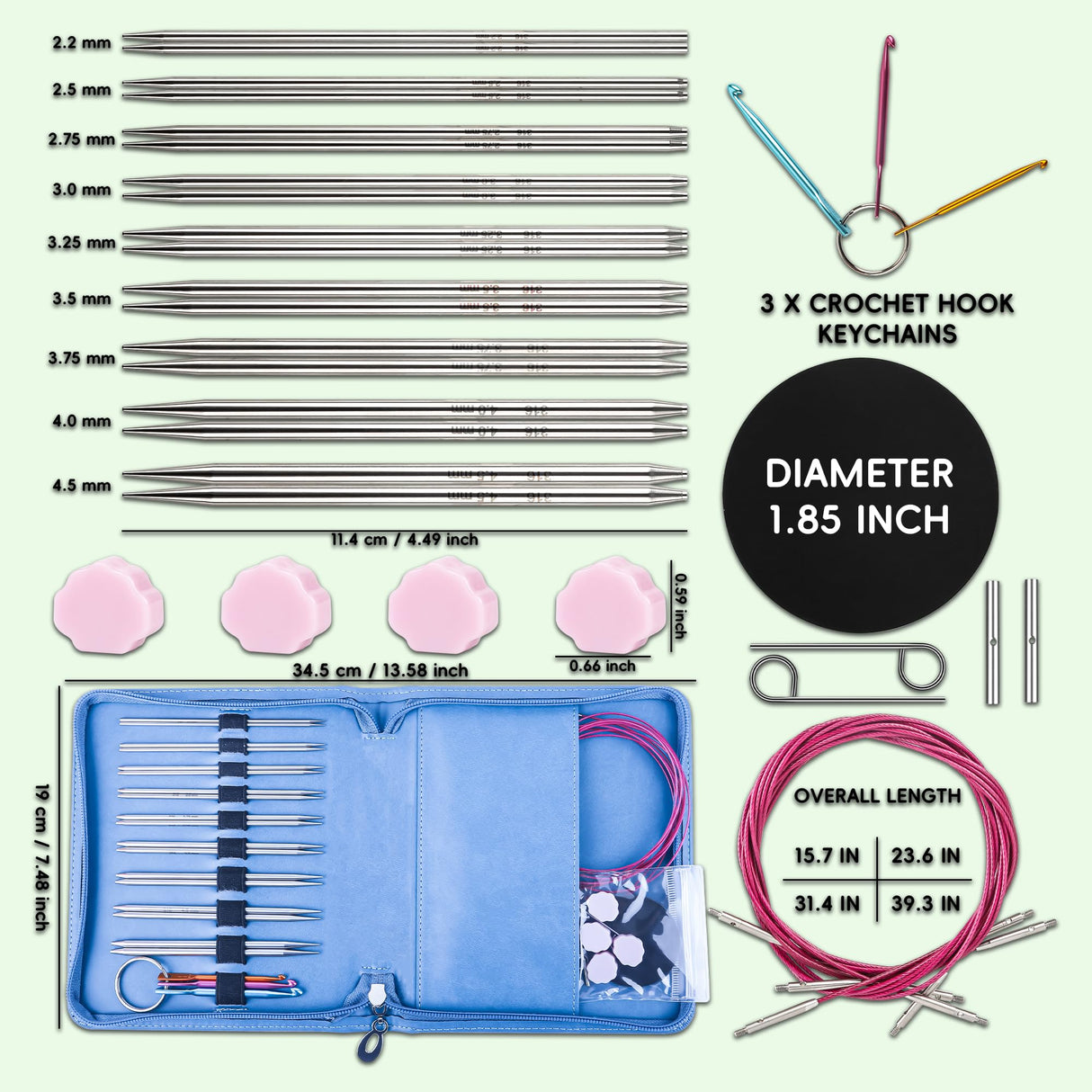 Froggod 4.5-Inch Aluminum Lace Interchangeable Circular Knitting Needle Set, Sizes US 1, 1.5, 2, 2.5, 4, 5, 6, 7 Interchangeable Knitting Needles Lace-Tip with 4 Assorted Cables with Project Bag Froggod
