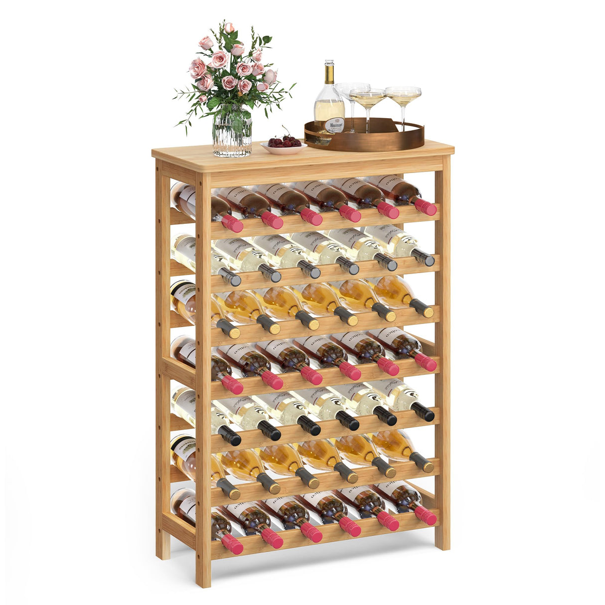 SONGMICS 42-Bottle Wine Rack Free Standing Floor, 7-Tier Display Wine Storage Shelves with Table Top, Bamboo Wobble-Free Bottle Holder for Kitchen Bar Dining Room Living Room, Natural UKWR27NL SONGMICS