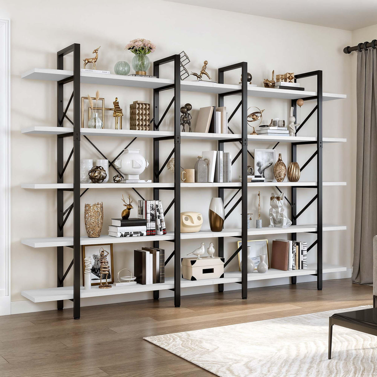 YITAHOME Industrial 5-Tier Bookshelf - Large Freestanding White Storage Unit with Sturdy Metal Frame YITAHOME