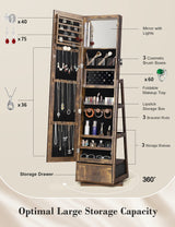 Nicetree 360° Swivel Jewelry Cabinet with Lights, Touch Screen Vanity Mirror, Rotatable Full Length Mirror with Jewelry Storage, Standing Jewelry Armoire Organizer, Christmas Gifts, Rustic Brown Nicetree