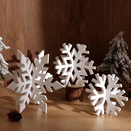 Treory Christmas Table Wooden Sign, 3 Pcs White Snowflake Christmas Rustic Farmhouse Table Decoration,Multiple Sizes Christmas Tiered Tray Decor for Xmas New Year Winter Holiday Home Decorations Treory