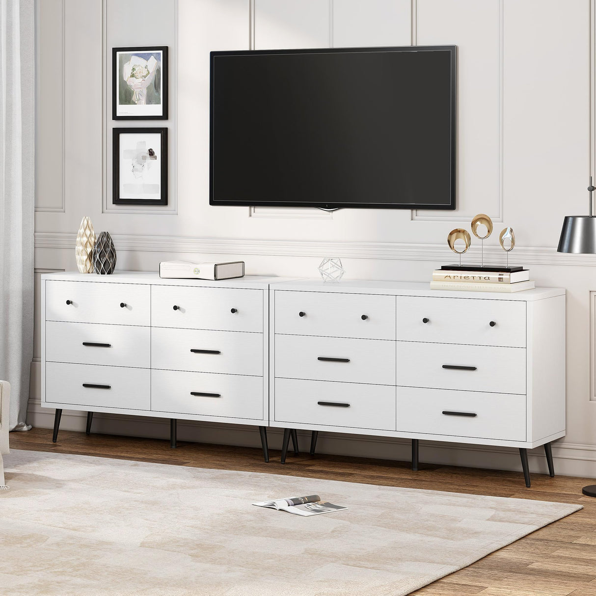 DWVO White 6 Drawers Dresser, Modern Wood Dresser Chest of Drawers with Black Metal Handle ＆ Anti-Tipping Device, Modern Storage Cabinet for Hallway, Entryway, Living Room DWVO