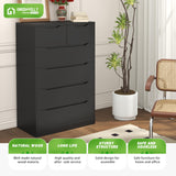 Greenvelly Black Dresser,Tall 6-Drawer Dresser for Bedroom, Wood Dresser with 6 Large Drawers, Wooden Dressers & Chests of Drawers, Black dresser with Smooth Metal Rail for Nursery, Women, Family Greenvelly