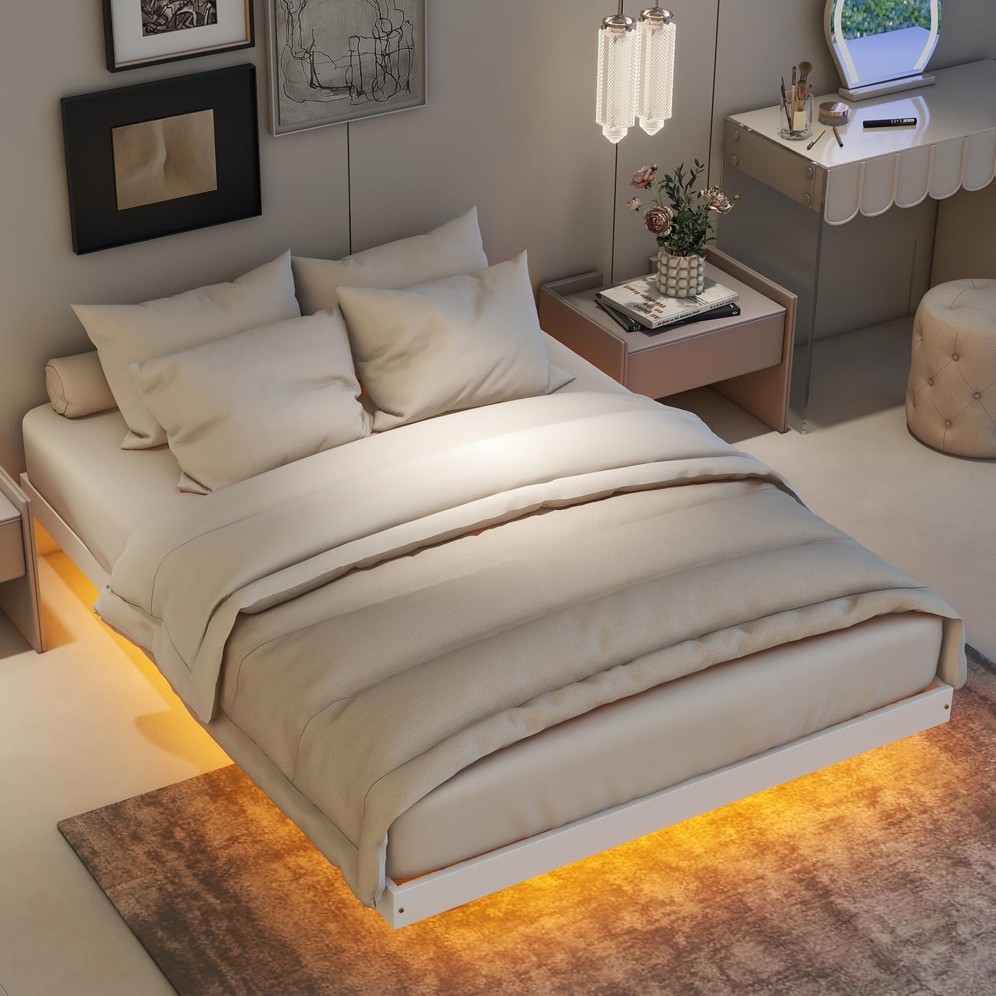 Anwickjeff Full Size Floating Platform Bed with LED Lights and Solid Wood Slats in White - WoodArtSupply