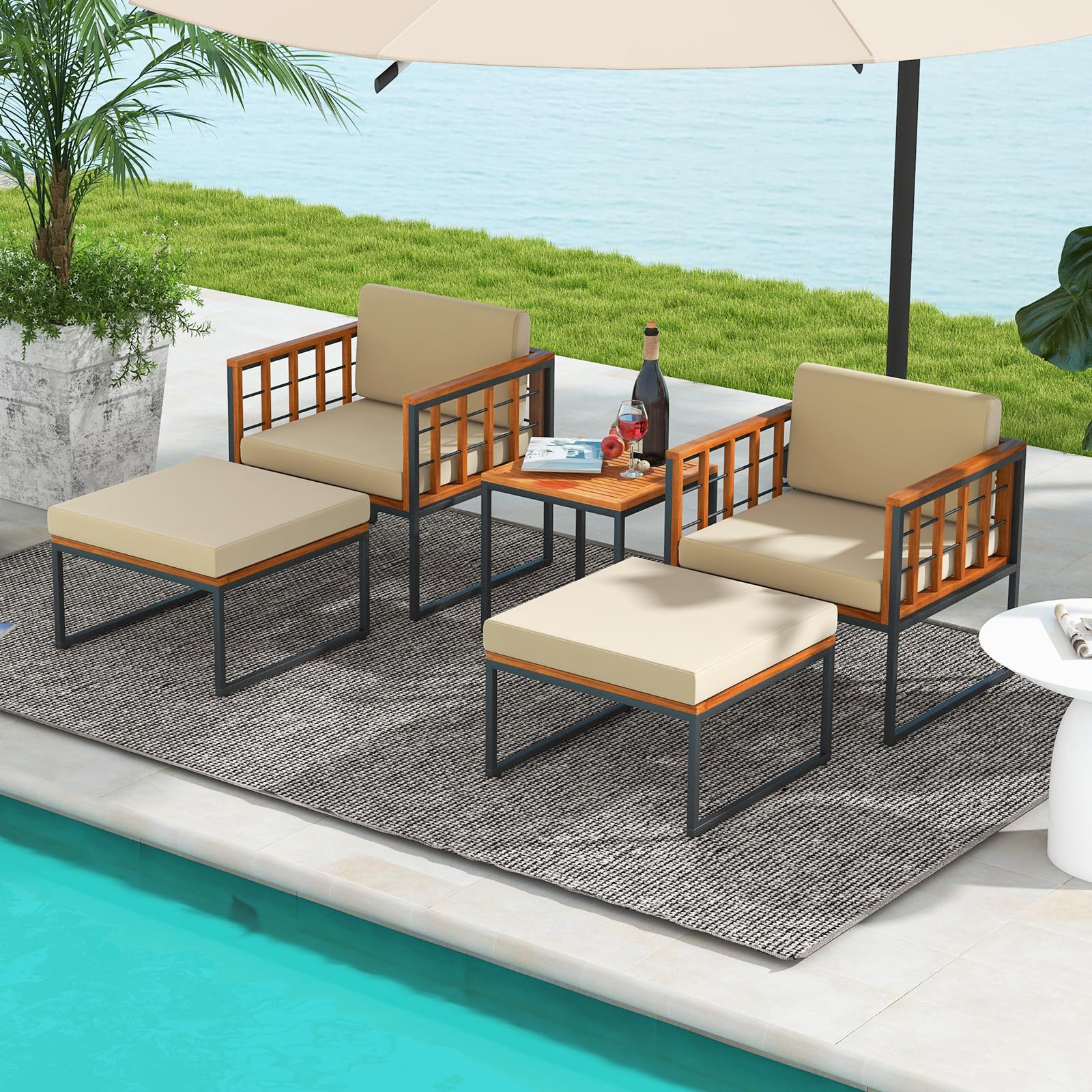 Tangkula 5 Pieces Acacia Wood Patio Furniture Set with Ottomans, Outdoor Conversation Set with Soft Cushions and Coffee Table for Poolside, Garden, Balcony and Backyard (Beige) - WoodArtSupply