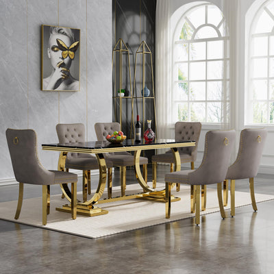 7-Piece Dining Table Set with 6 Grey Upholstered Chairs, 70" Black Gold Faux Marble Kitchen Table Set for 6, O-Shape Pedestal Dining Room Table Set for 6, Modern Dining Table Set for 6