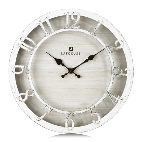 Lafocuse 12 Inch Silent White Wall Clocks Battery Operated, Farmhouse Wall Clock for Kitchen Living Room, Rustic Home Décor Lafocuse