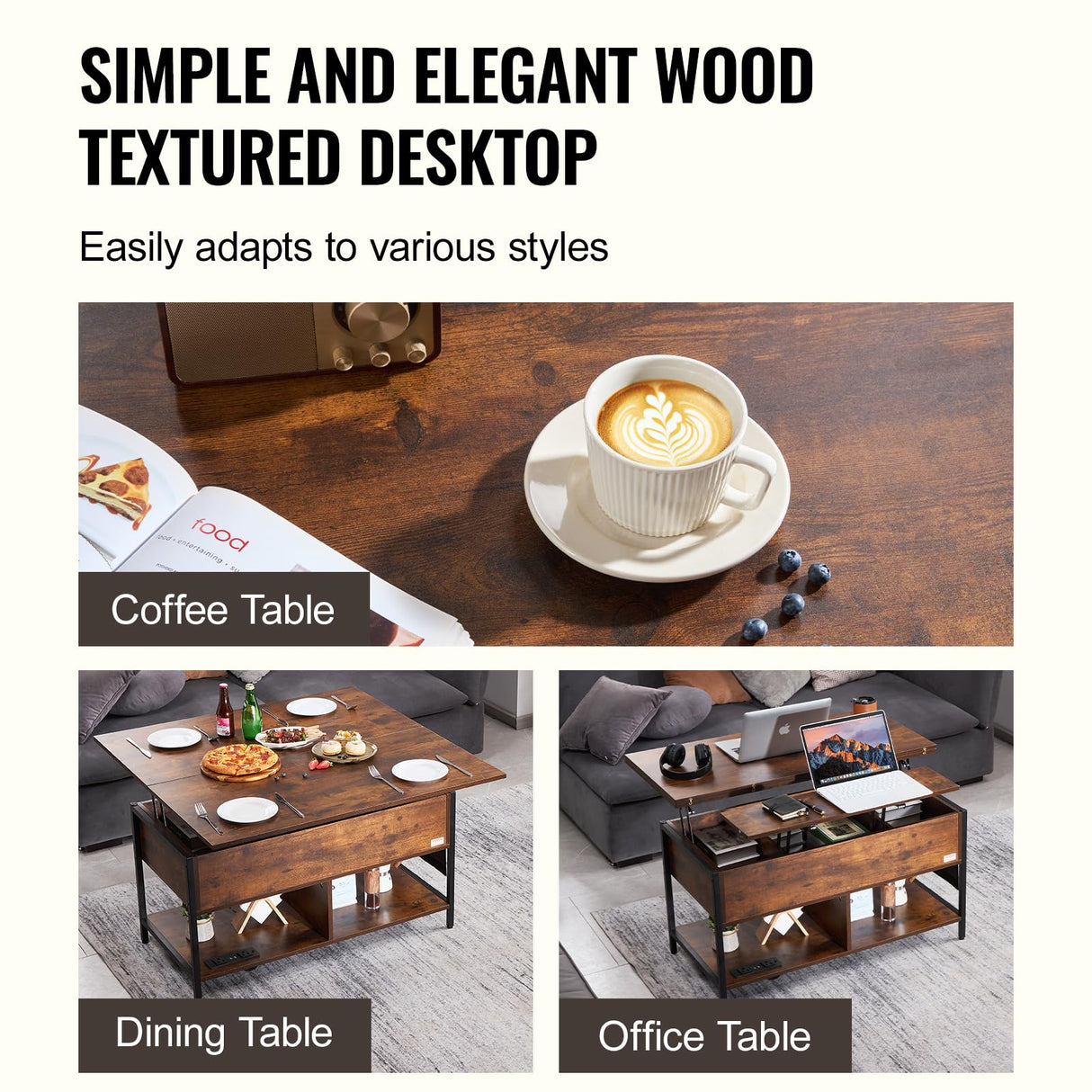 VEVOR 4-in-1 Lift Top Coffee Table with USB/Power Outlet/LED Light, Multi-Function Convertible Coffee Table with Storage and Hidden Compartment, Converts to Dining Table for Living Room, Home Office VEVOR