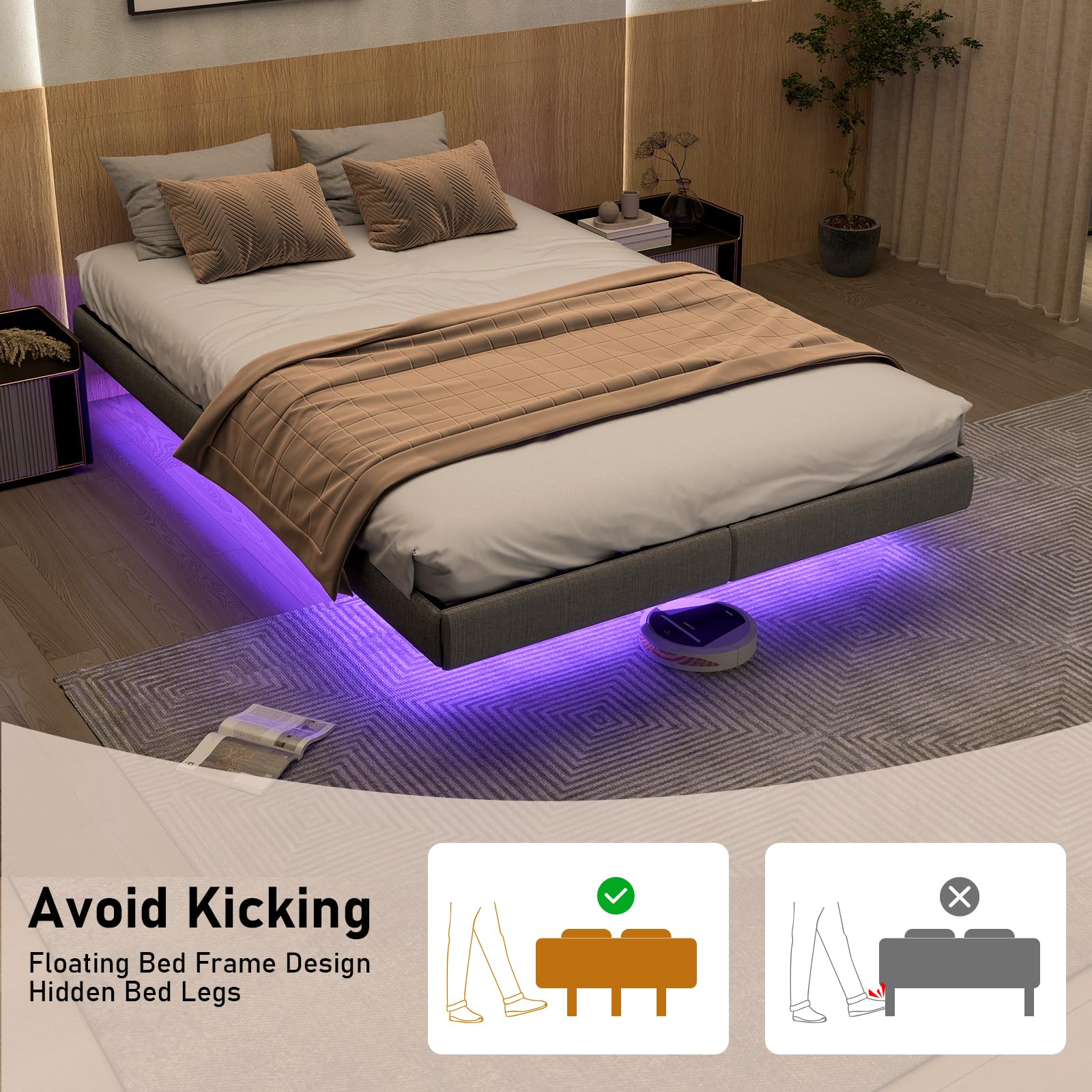 Floating Full Size Bed Frame with LED Lights, Remote Control RGB, and Under Bed Storage by RVONOW - WoodArtSupply