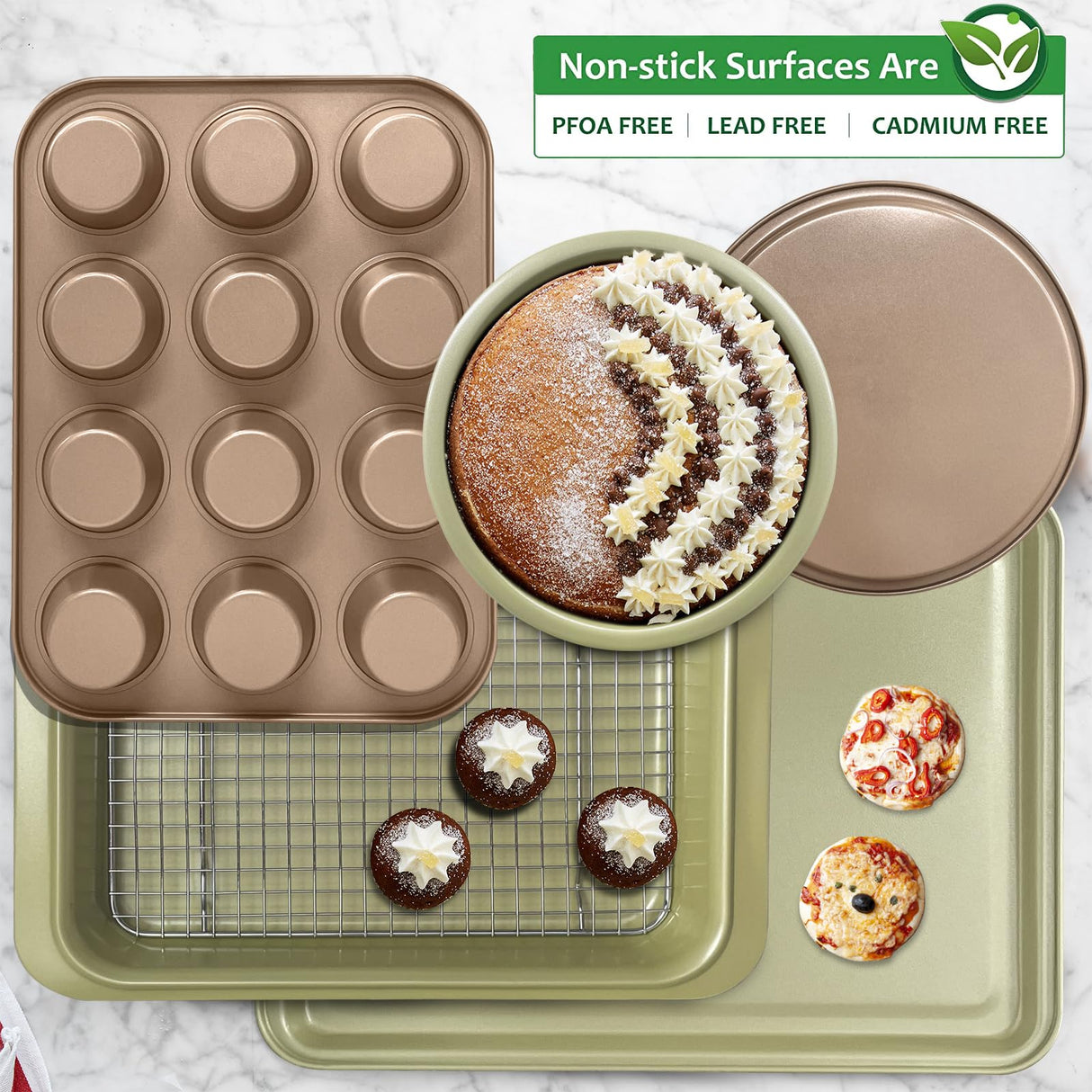 BETTERBEAUTY Nonstick Bakeware Set 10 Pcs, Professional Kitchen Bicolor Baking Pans Set with Cookie Sheets, Muffin Pan, Loaf Pan, Cake Pan and Cooling Rack, Dishwasher Safe, 0.8mm Thick, Heavy Duty BETTERBEAUTY