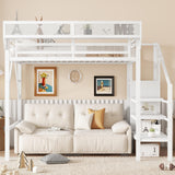 KEIKI Twin Size Metal Loft Bed Frame with Convertible Staircase, Built-in Storage Shelves & Wardrobe, Loft Bed with Solid Slats & Guardrail, No Box Spring Required, Easy Assembly, for Bedroom, White KEIKI