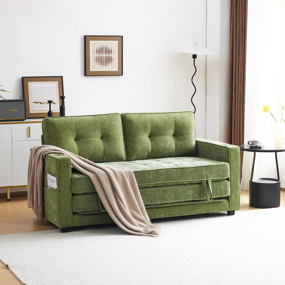 VINGLI Sofa Bed Full Size Pull Out Couch Bed Olive Green Futon Couch 64" W 84" L Loveseat Sleeper Floor Couches for Living Room Convertible Loveseat Sofa Foldable Sofa Bed VINGLI