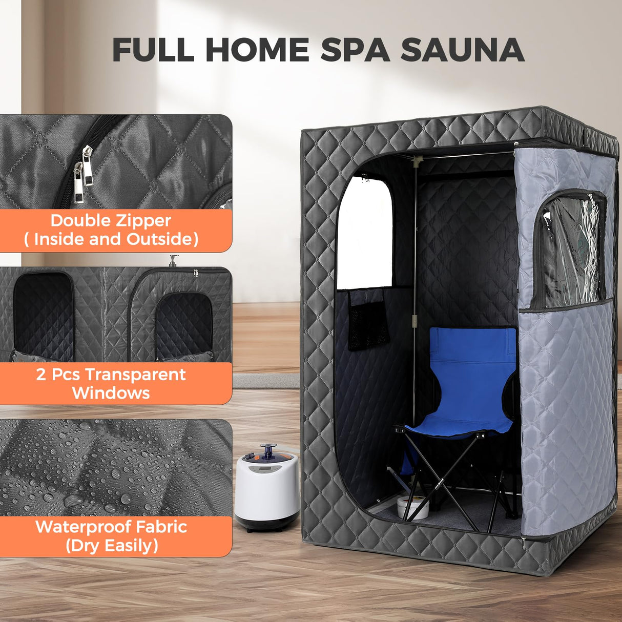 Upgraded Version Portable Sauna for Home Full Body Personal Sauna Steam Sauna Tent at Home Spa with 2.6L 1000W Steam Generator, 90 Minute Timer, Foldable Chair, Remote Control Included(Grey) Steupoek