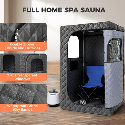 Upgraded Version Portable Sauna for Home Full Body Personal Sauna Steam Sauna Tent at Home Spa with 2.6L 1000W Steam Generator, 90 Minute Timer, Foldable Chair, Remote Control Included(Grey)