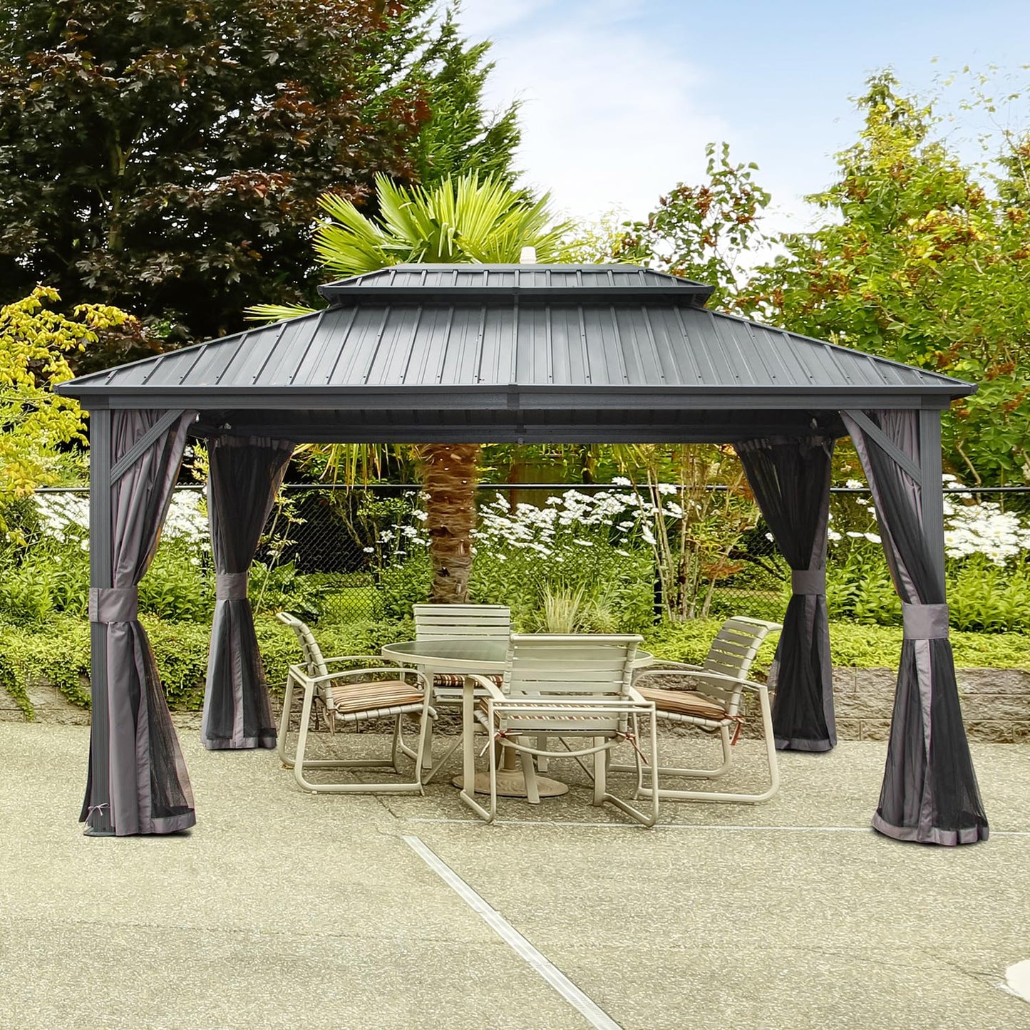 Domi 10' X 12' Hardtop Gazebo, Aluminum Metal Gazebo with Galvanized Steel Double Roof Canopy, Curtain and Netting, Permanent Gazebo Pavilion for Patio, Backyard, Deck, Lawn… - WoodArtSupply