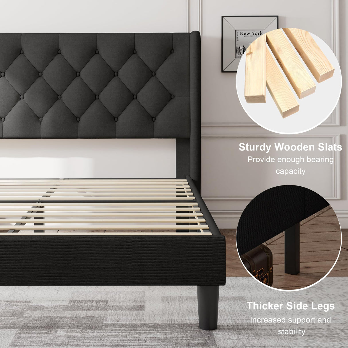 Feonase Full Size Bed Frame with Upholstered Wingback Headboard,Button Tufted Platform Bed and Heavy Duty Wooden Slats Support,Easy Assembly, Noise-Free,No Box Spring Needed, Black Feonase